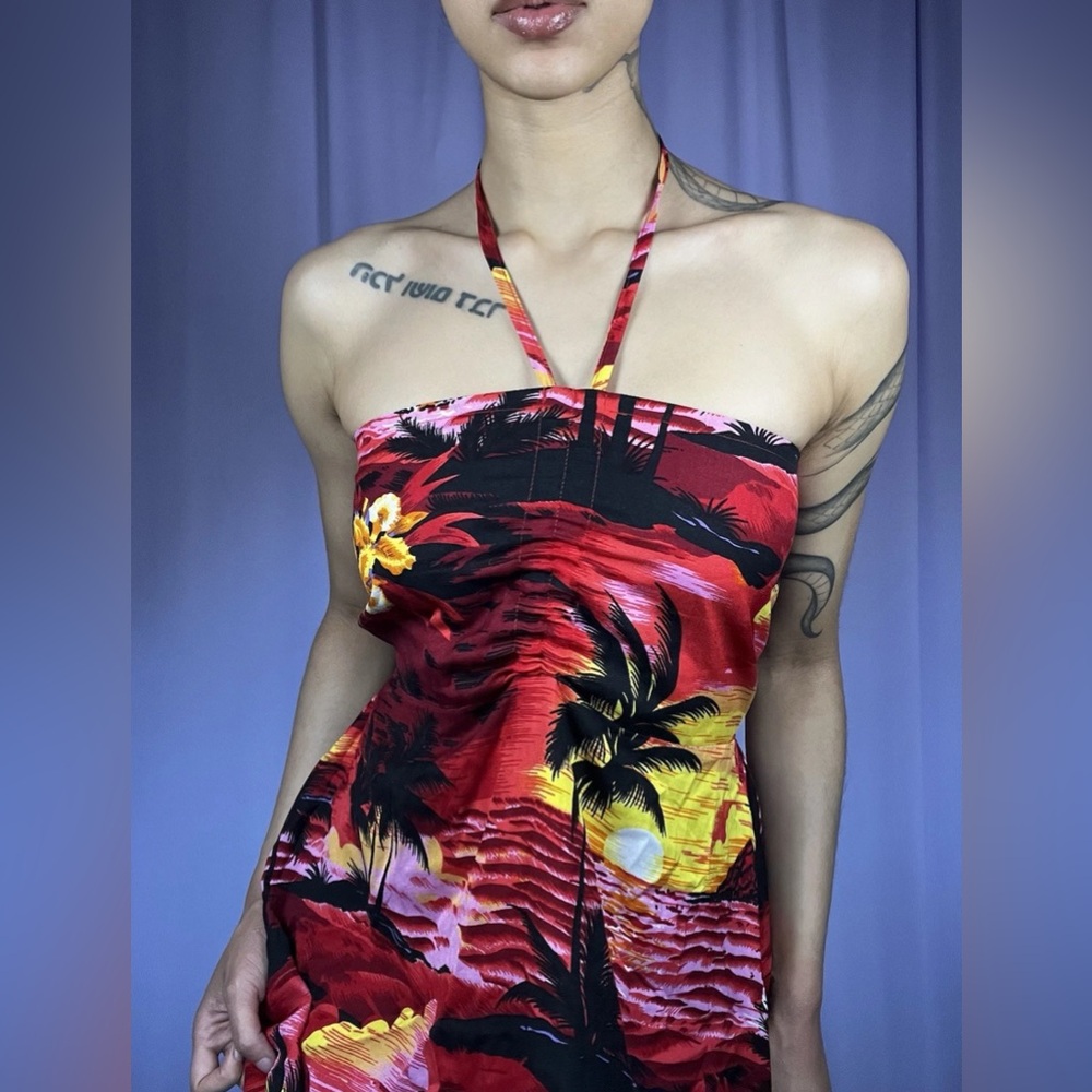 Sunny Island Bumi Tropical Halter Midi Dress Size S Tie Neckline Beach Y2K Warm